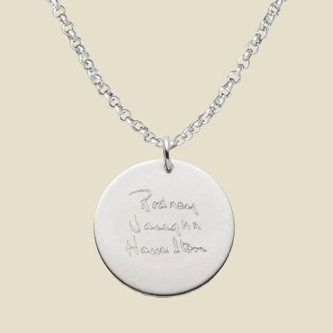 Engraved Handwriting Rolo Disc Necklace