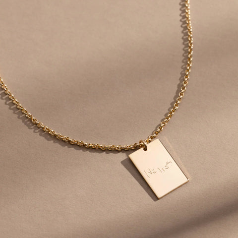 Engraved Handwriting Rolo Rectangle Necklace